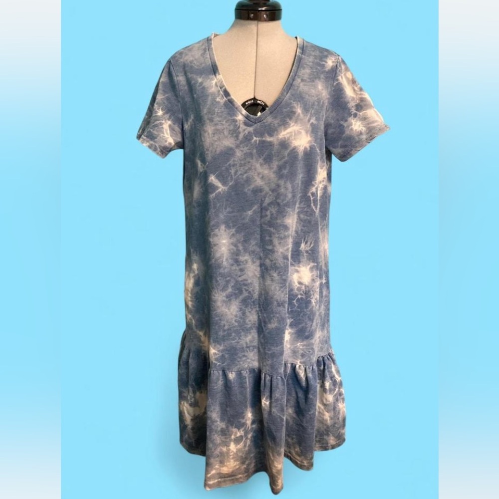 Blue Tie-Dye V-Neck T-shirt Dress